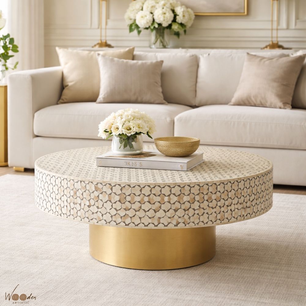 3 (28) Modern Round White or Brown Mix Bone Inly Coffee Table - Image 1