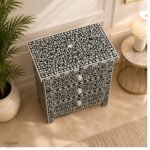 Modern Black or White Floral Bone Inlay Bedside Table - Image 3