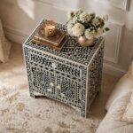 Black or White Floral Bone Inlay Bedside Table - Image 3