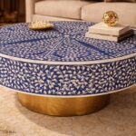 Modern Round Blue or White Mix Floral Bone Inly Coffee Table - Image 3