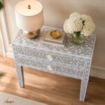 Grey Modern Floral Bone Inlay Bedside Table - Image 3