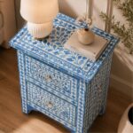 Modern Floral Blue Bone Inlay Bedside Table - Image 3