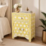 Modern Floral Yellow Bone Inlay Bedside Table - Image 3