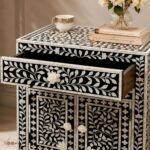 Modern Black White Bone Inlay Bedside Table - Image 4