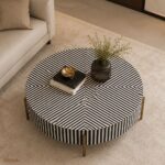 Modern Round Bone Inly Coffee Table With Golden Legs - Image 2