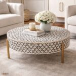 Modern Round white or Black Bone Inly Coffee Table with Golden Legs - Image 5