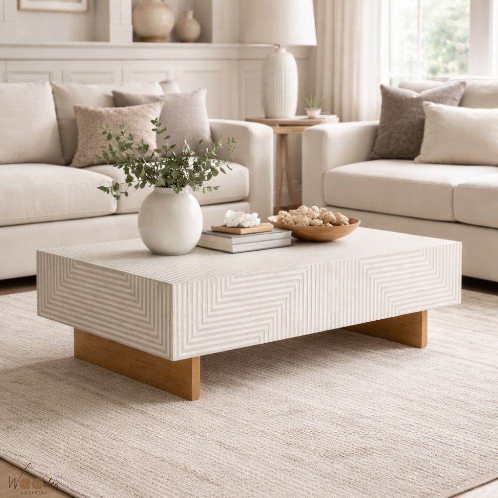 4 (29) Modern Bone Inly Grey Coffee Table With Brown Legs - Image 1