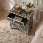 Black or White Floral Bone Inlay Bedside Table - Image 4