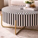 Round Black or White Mix Bone Inly Coffee Table with Golden Legs - Image 4