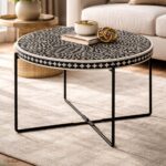 Round Black or White Mix Bone Inly Coffee Table with Black Legs - Image 4