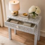 Grey Modern Floral Bone Inlay Bedside Table - Image 4