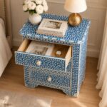 Blue Modern Floral Bone Inlay Bedside Table - Image 4
