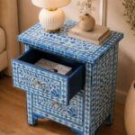 Modern Floral Blue Bone Inlay Bedside Table - Image 4