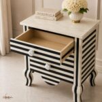 Modern Black White Stripe Bone Inlay Bedside Handmade 3 Drawer Bedroom Furniture - Image 4