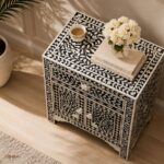 Modern Black White Bone Inlay Bedside Table - Image 3