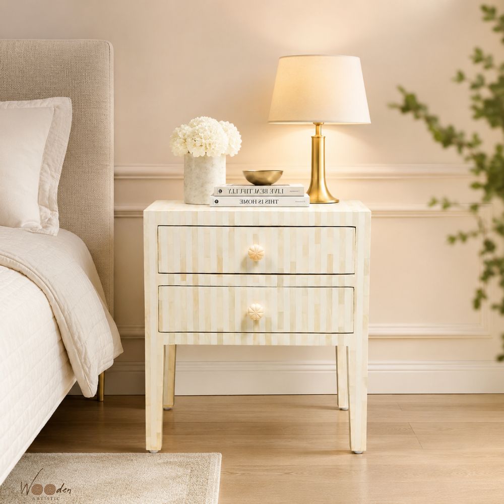 5 (18) Modern Cream or White Color Bone Inlay Bedside Table - Image 1