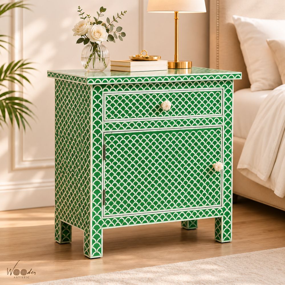 5 (29) Modern Green Color Bone Inlay Bedside Table - Image 1