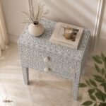 Modern Grey or White Floral Bone Inlay Bedside Table - Image 5
