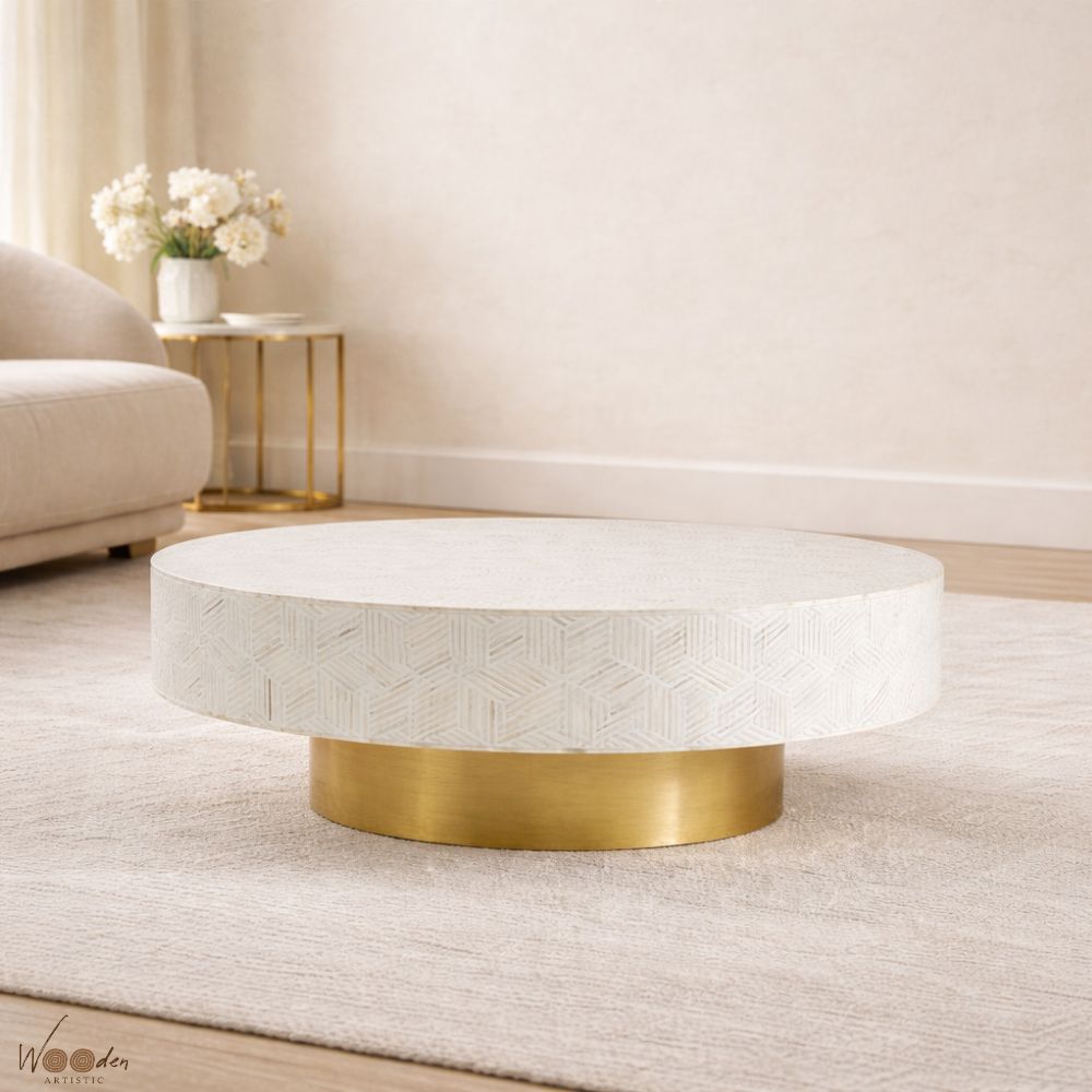 5 (36) Modern Round White Mix Bone Inly Coffee Table - Image 1