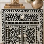 Black or White Floral Bone Inlay Bedside Table - Image 5