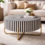 Round Black or White Mix Bone Inly Coffee Table with Golden Legs - Image 5