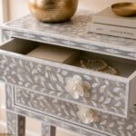 Grey Modern Floral Bone Inlay Bedside Table - Image 5