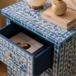 Modern Floral Blue Bone Inlay Bedside Table - Image 5