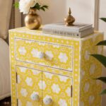 Modern Floral Yellow Bone Inlay Bedside Table - Image 5